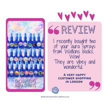 Load image into Gallery viewer, A promotional graphic featuring a product grid of Enchanting Flowers blue glass aura spray bottles on the left and a pink review card on the right with text praising 'Enchanting Aura Sprays.'.