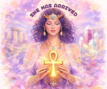 Load image into Gallery viewer, Woman holding a glowing Ankh with a pastel-coloured background and 'SHE HAS ARRIVED' text.