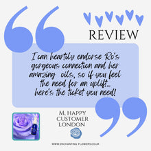 Load image into Gallery viewer, A promotional review graphic with large blue quotation marks and the word REVIEW at the top. The centre contains a quote about Ro's oils, with a small product photo of a purple rose oil bottle in the lower left.
