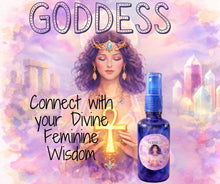 Load image into Gallery viewer, Goddess-themed Aura Spray bottle labeled 'Goddess' against a mystical background.
